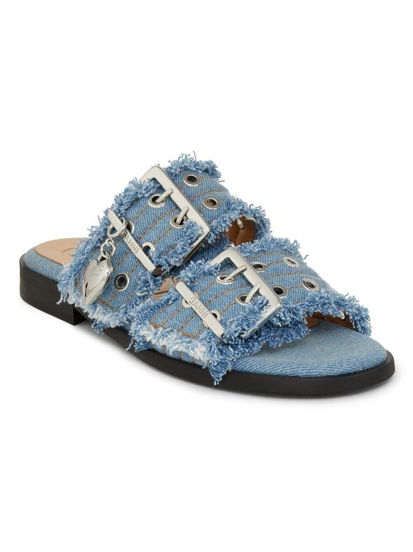 GANNI デニム フェミニン バックル ツーストラップ サンダル Black Denim Feminine Buckle Two-Strap Sandals | GANNI US