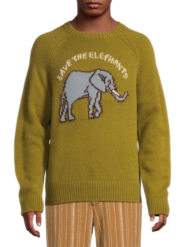 #2: سترة برقبة مستديرة من الكشمير على شكل فيل - زيت الزيتون الداكن متعدد الألوان