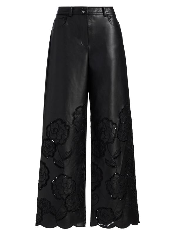 Shawn Embroidered Faux-Leather Straight-Leg Pants