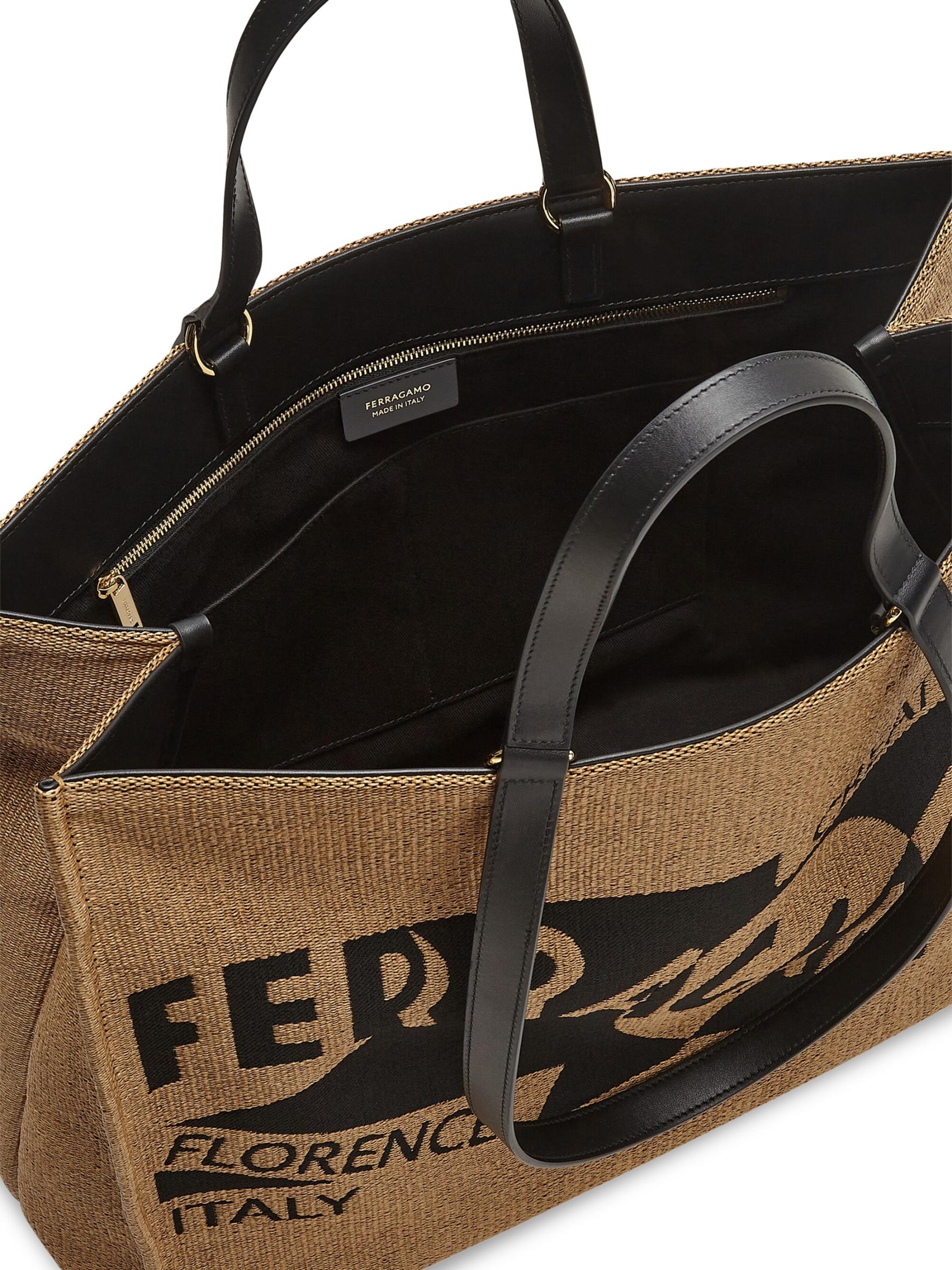 Shop Ferragamo - Large F. Signature Raffia & Leather Tote