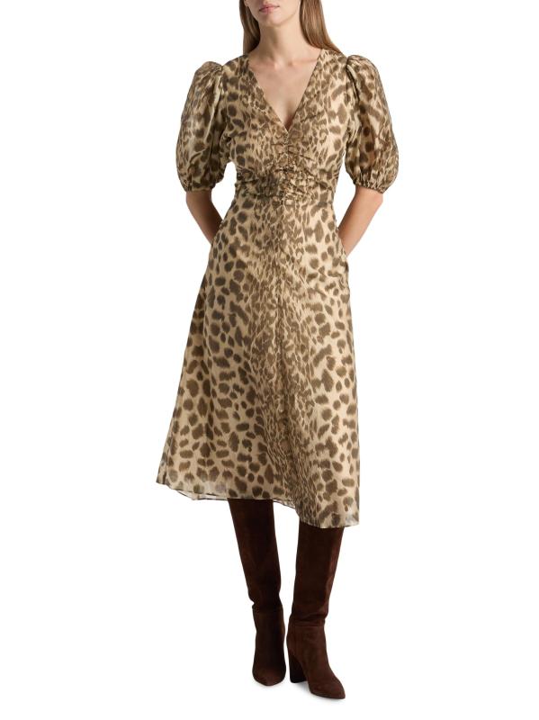 #2: فستان كلود متوسط الطول بأكمام منفوخة بنقشة جلد الفهد - كريم