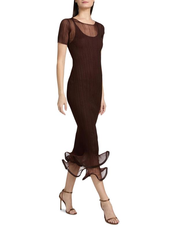 #7: فستان سيلينا متوسط الطول من الشيفون بطيات - الماهوجني