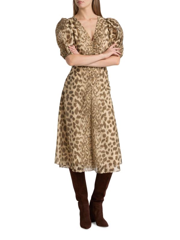 #7: فستان كلود متوسط الطول بأكمام منفوخة بنقشة جلد الفهد - كريم