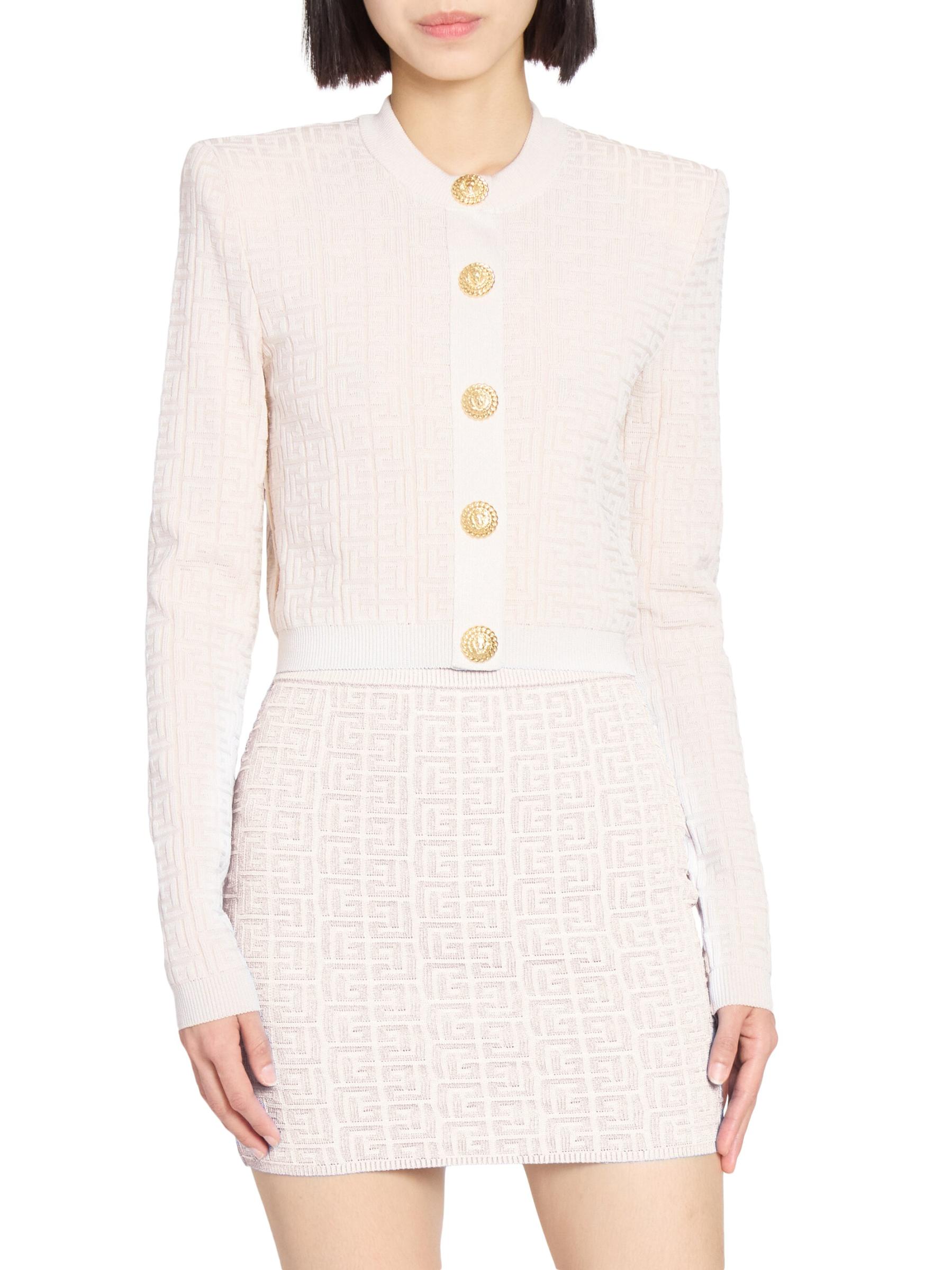 【関税込み】Balmain ベージュ Pyramid モノグラム フーディ Balmain - モノグラム・ニット・クロップ・カーディガン を