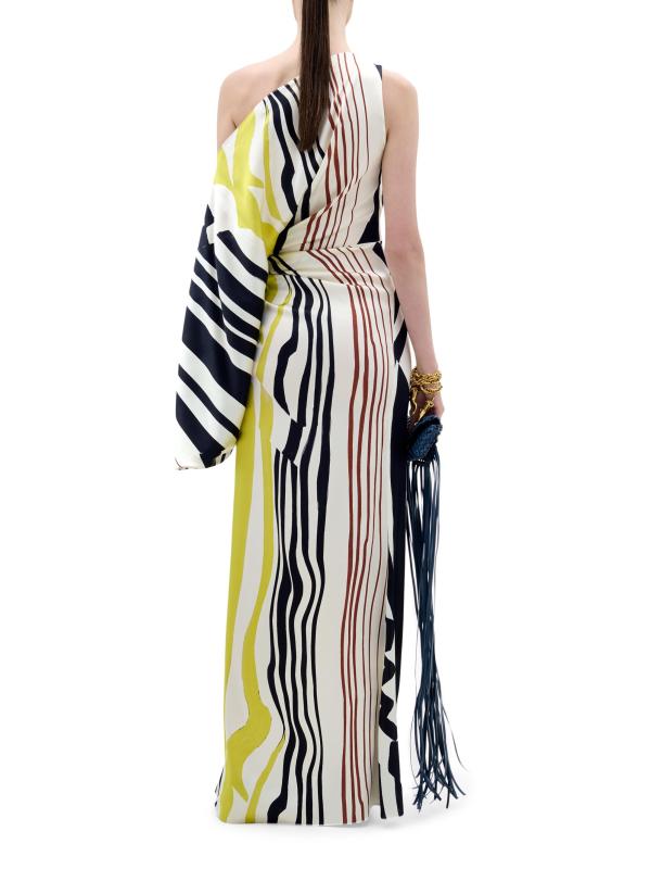 #3: فستان ماكسي من الحرير القابل للتمدد بكتف واحد من دوتي - خطوط متعددة مشوهة