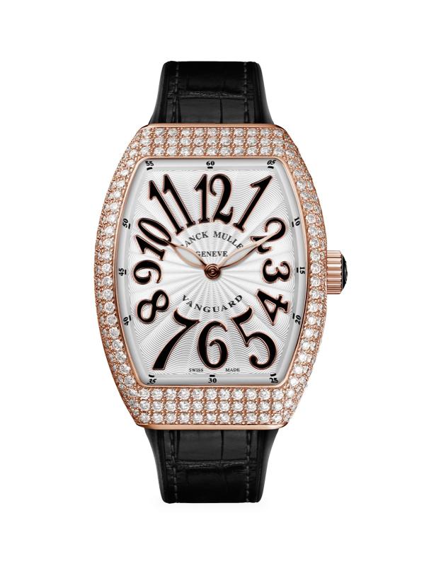 ساعة فانجارد من الذهب الوردي والماس والتمساح والسوار المطاطي