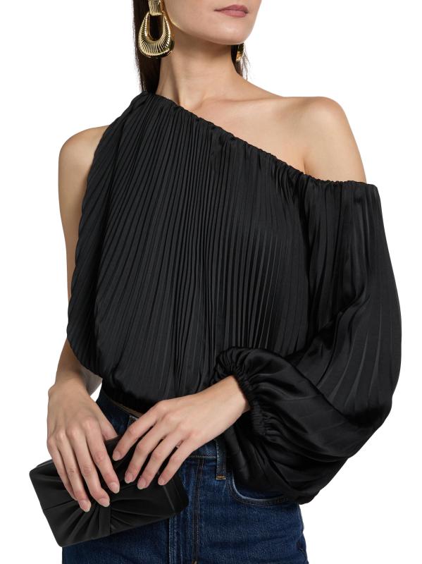 #5: بلوزة مارا بثنيات بكتف واحد - أسود