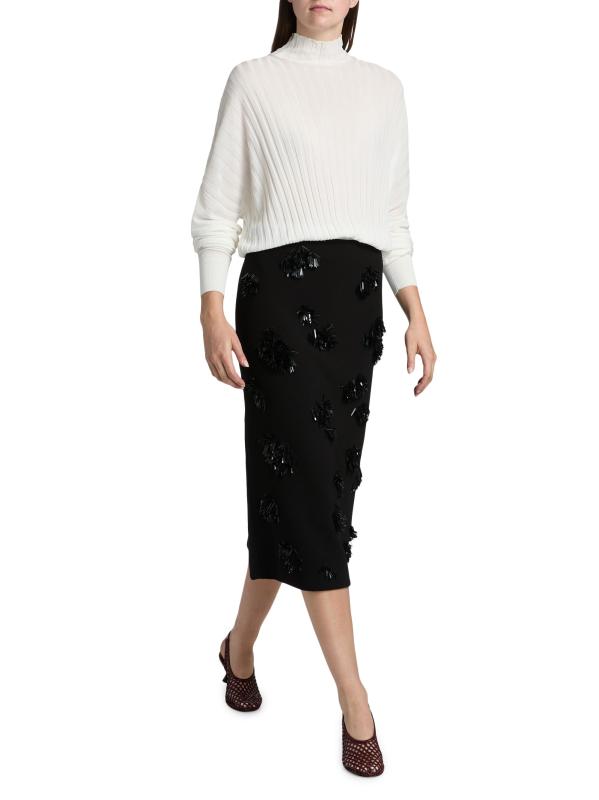 #7: تنورة متوسطة الطول من الكريب مزينة بأهداب من مويرا - أسود