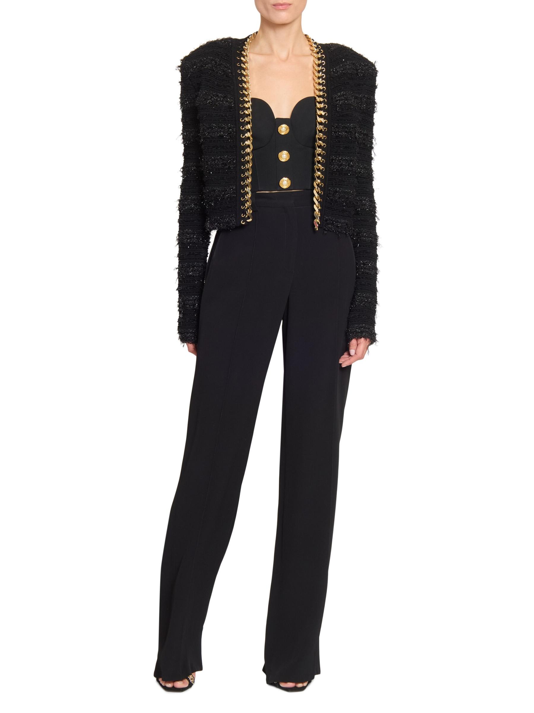 【BALMAIN】チェーントリム シングルブレスト ツイード ブレザー Balmain - ツイード・ウール混チェーン・トリム・ジャケット を