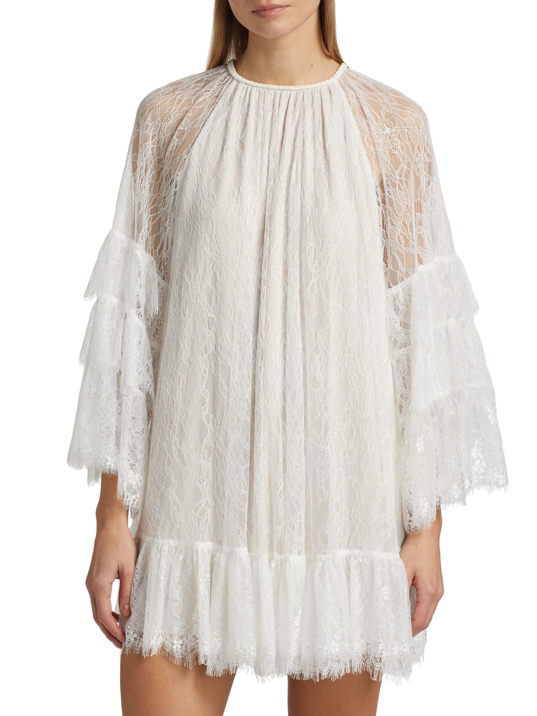 Alice + Olivia 上品フリルワンピース Delia チュニック Shop Alice + Olivia - Delia Lace Ruffled Tunic Minidress