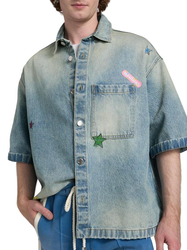 #5: قميص جينز مضمد بشعار الماركة - غسيل خفيف