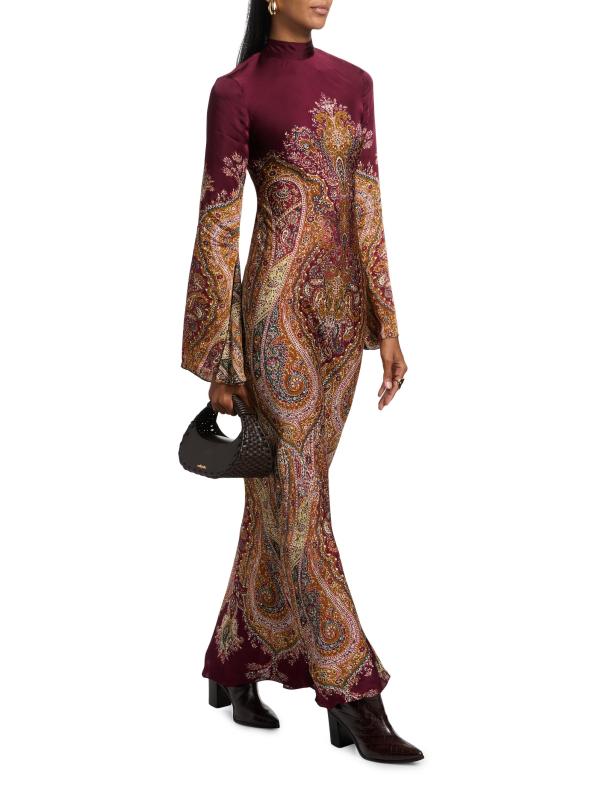 #6: فستان شيفا ساتان طويل بياقة عالية - عنابي اللون