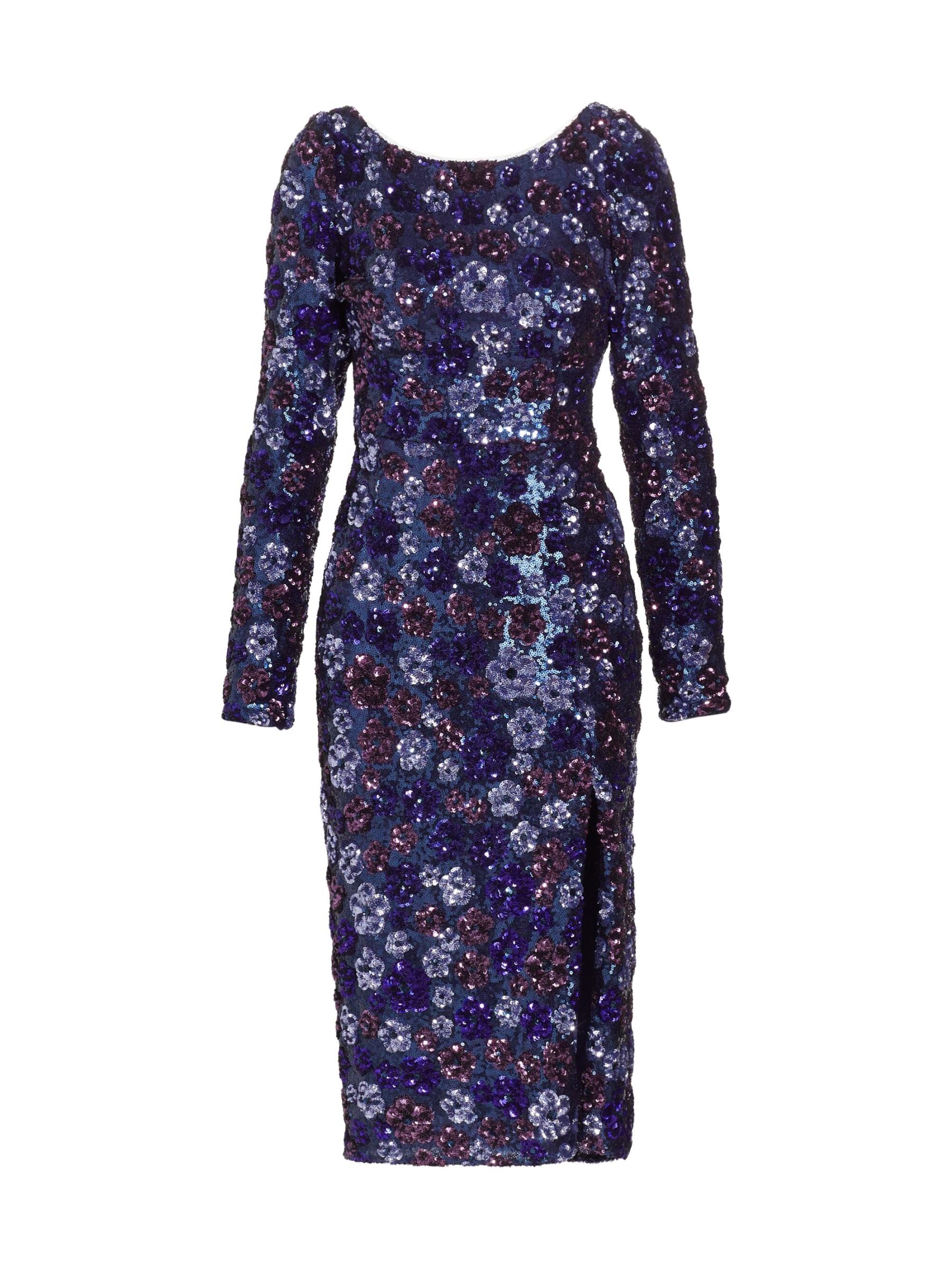 【Marchesa Notte】ロングドレス スパンコール チュール ブルー Marchesa Notte - 長袖スパンコールチュールカクテルミディ