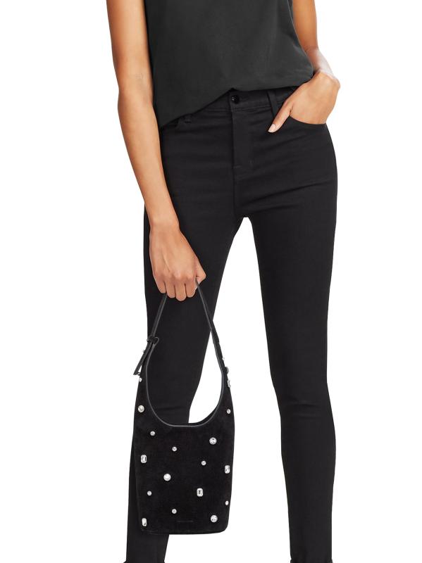 #3: حقيبة كتف صغيرة من الجلد المدبوغ مزينة بالكريستال - أسود