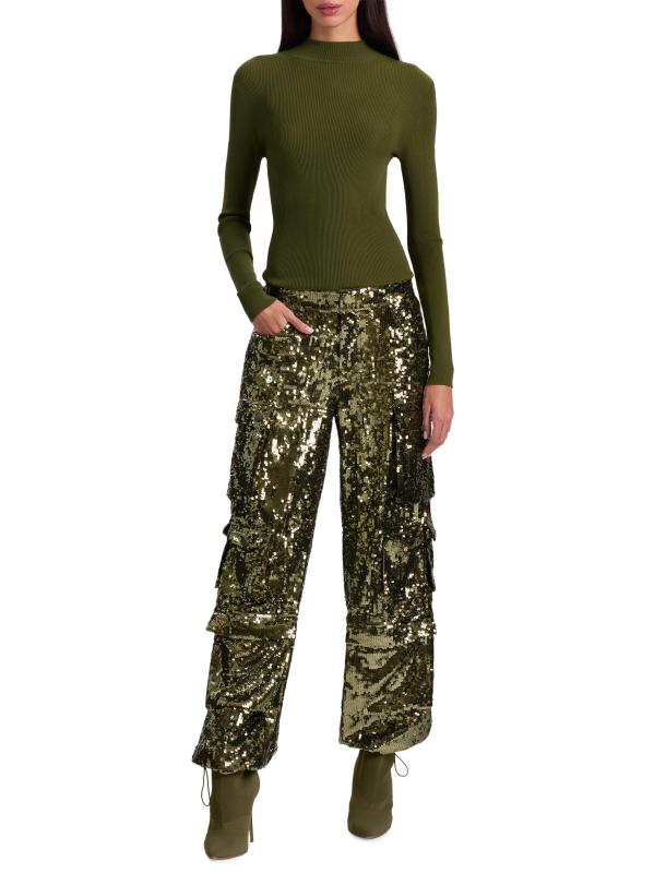 #6: بنطال كارغو فضفاض مزيّن بالترتر من أوليمبيا - زيت الزيتون الداكن