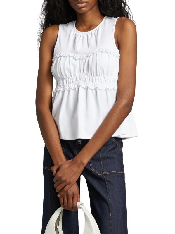 saks Shop Cinq à Sept - Pania Ruffle Stretch-Cotton Crewneck Top