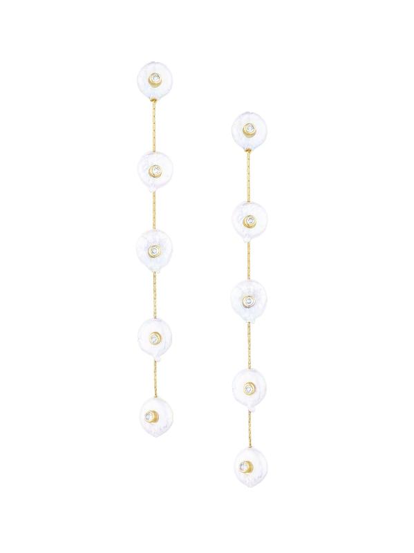18K-Gold-Plated, 8MM Freshwater Pearl, 
Cubic Zirconia Drop Earrings