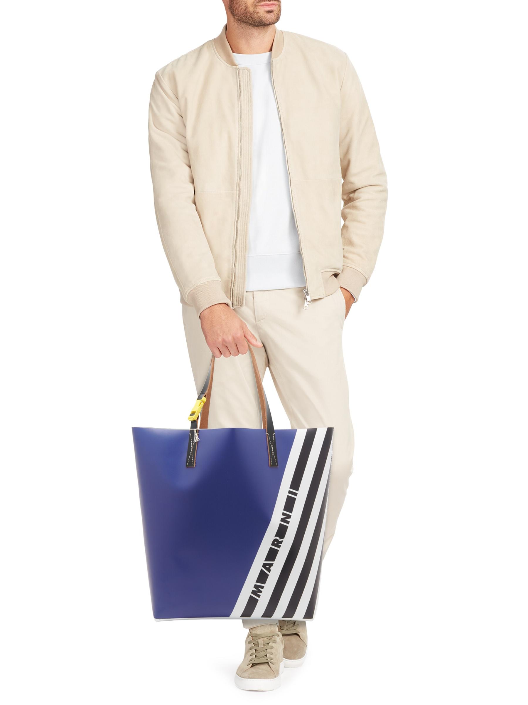 MARNI ★ Tribeca ショッピング バッグ トート ストライプ ブルー ストライプ Tribeca ショッピングバッグ、マルニロゴ入り