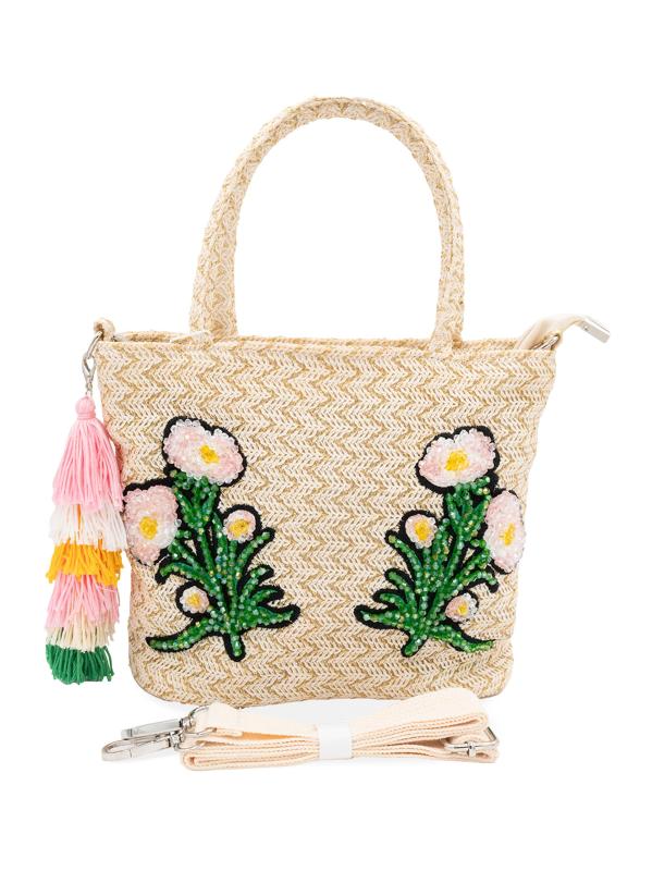 #3: حقيبة رافيا مطرزة بالزهور للبنات - نمط متعدد
