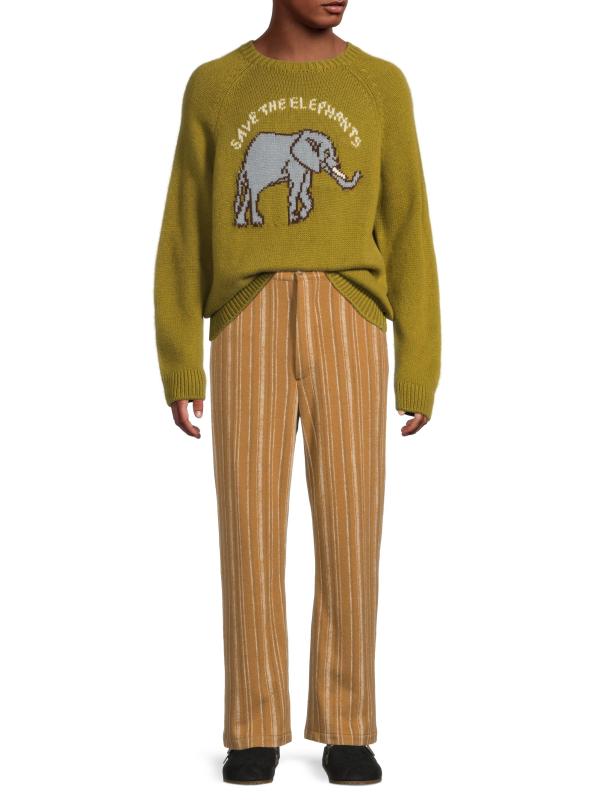 #6: سترة برقبة مستديرة من الكشمير على شكل فيل - زيت الزيتون الداكن متعدد الألوان