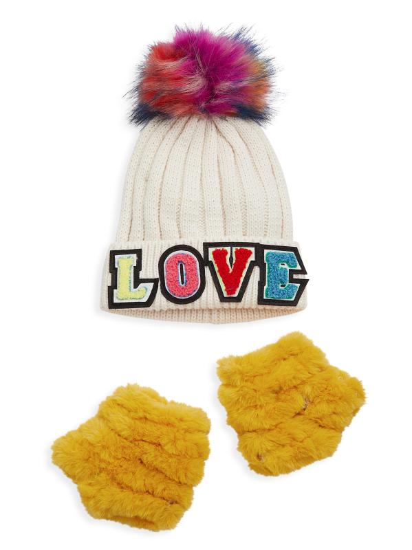 طقم قبعة بوم بوم من قطعتين وقفازات من الفرو الصناعي بدون أصابع للفتيات