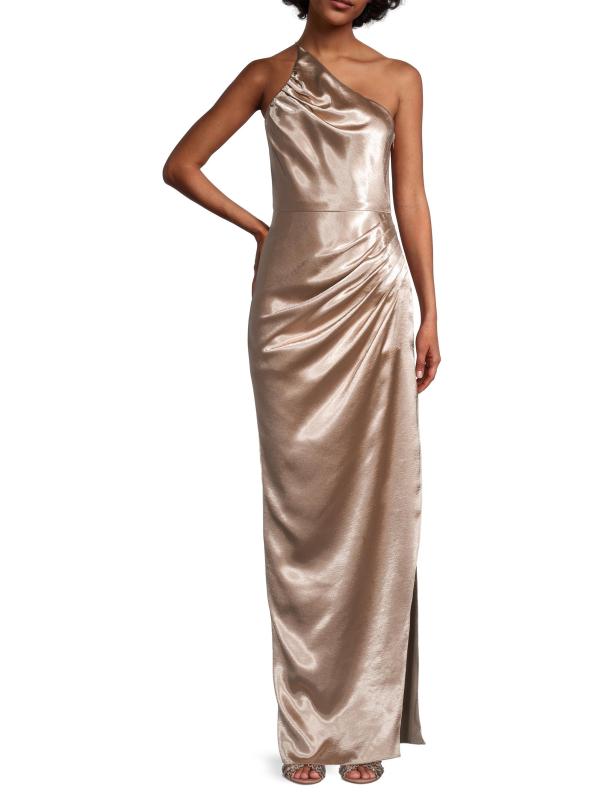 #6: فستان ميرا ساتان بطول الأرض - بيج ميتاليك