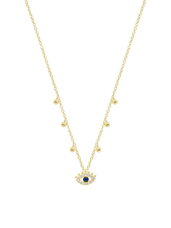 قلادة على شكل عين الشر من الذهب الأصفر عيار 14 قيراط وألماس 0.05 TCW والياقوت الأزرق
