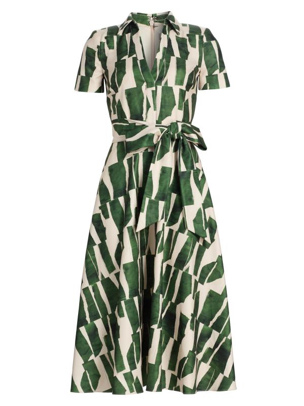 فستان متوسط الطول برباط على الخصر بتصميم هندسي