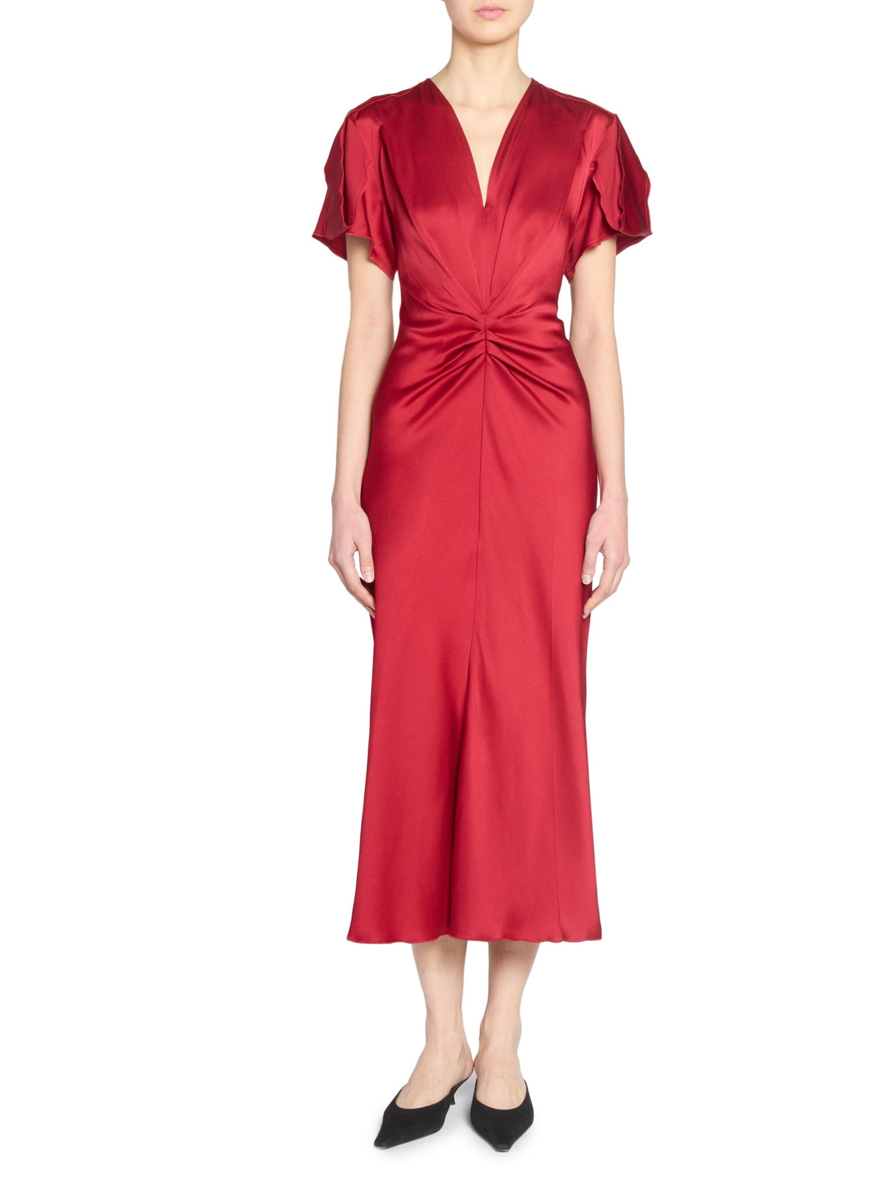 Victoria Beckham - Satin Gathered V-Neck Midi-Dress（サテン