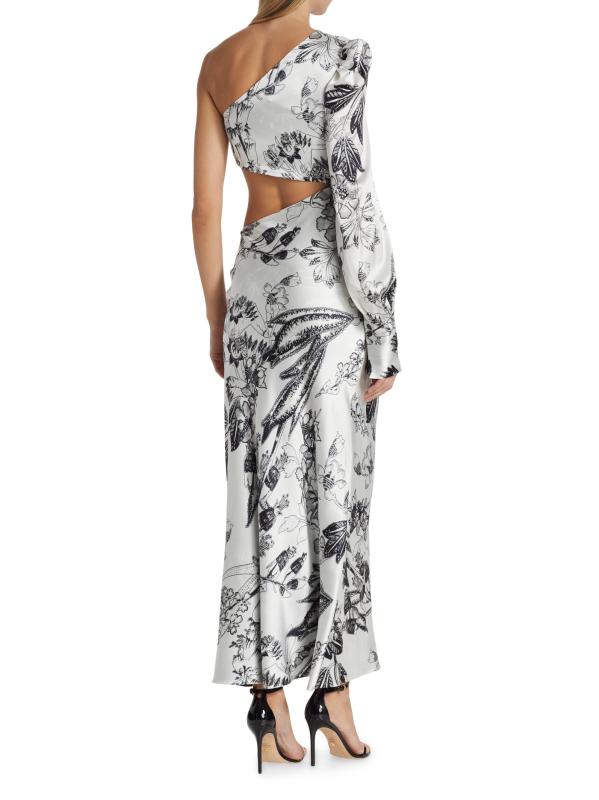 #4: فستان Matiz غير المتماثل من الحرير القابل للتمدد بالزهور - حرير ساتان قابل للتمدد باللون الأبيض والأسود