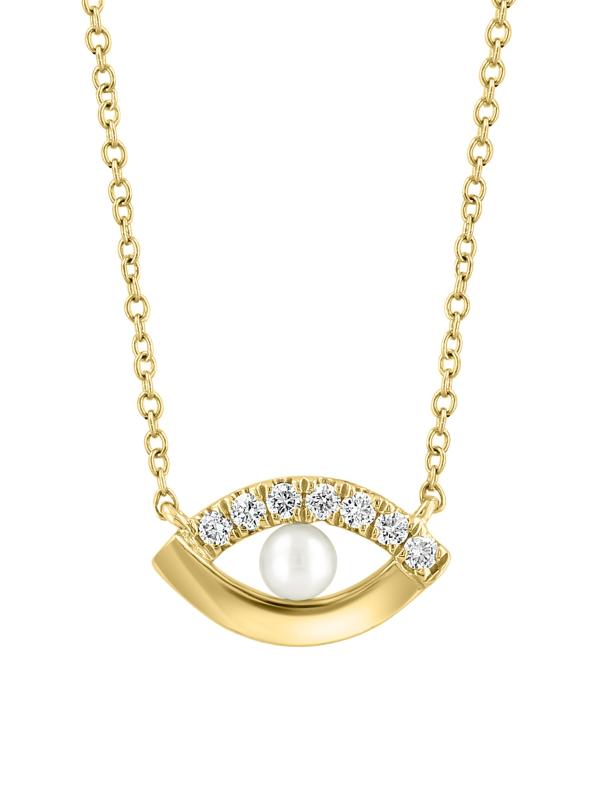 #2: قلادة قلادة عين الشر من الماس عيار 14 قيراطًا، ولؤلؤ المياه العذبة عيار 3 مم، و0.07 TCW من الماس على شكل عين الشر - أصفر + ذهبي