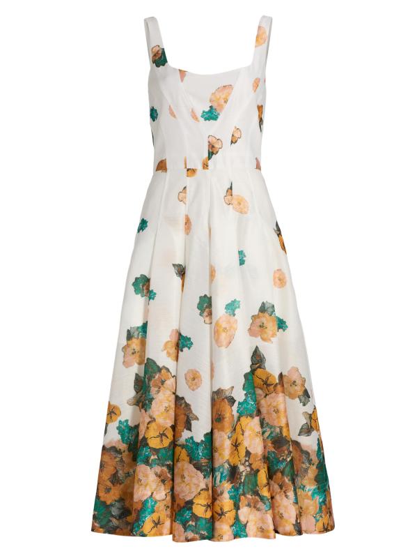 فستان متوسط الطول بمشد مزين بزهور الشمس