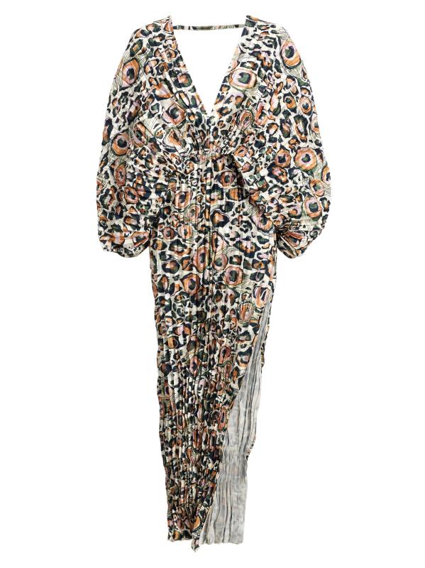 فستان برقبة على شكل حرف v بطيات جلد الفهد