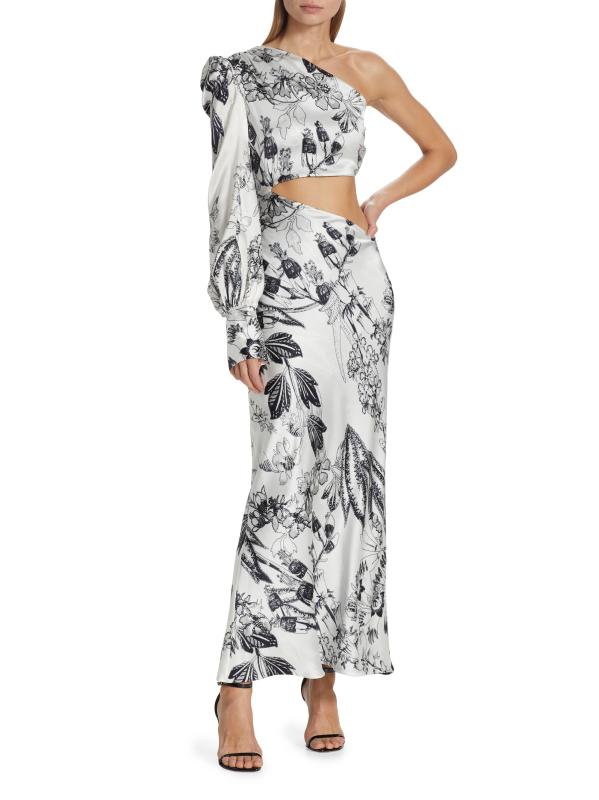 #7: فستان Matiz غير المتماثل من الحرير القابل للتمدد بالزهور - حرير ساتان قابل للتمدد باللون الأبيض والأسود