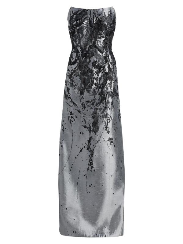 فستان على شكل حرف A بدون حمالات من القماش المزركش