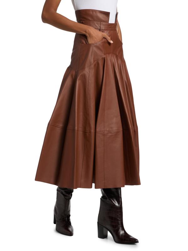 #3: تنورة متوسطة الطول بخصر مزدوج من الجلد Hypnotic - أسمر