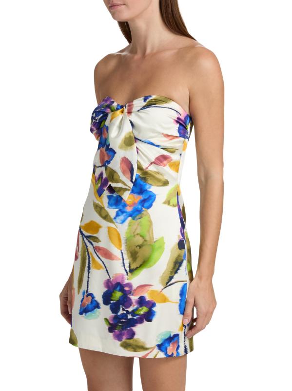 #3: فستان أوريون قصير من الساتان بدون حمالات - حرير عاجيي بنقشة الزهور