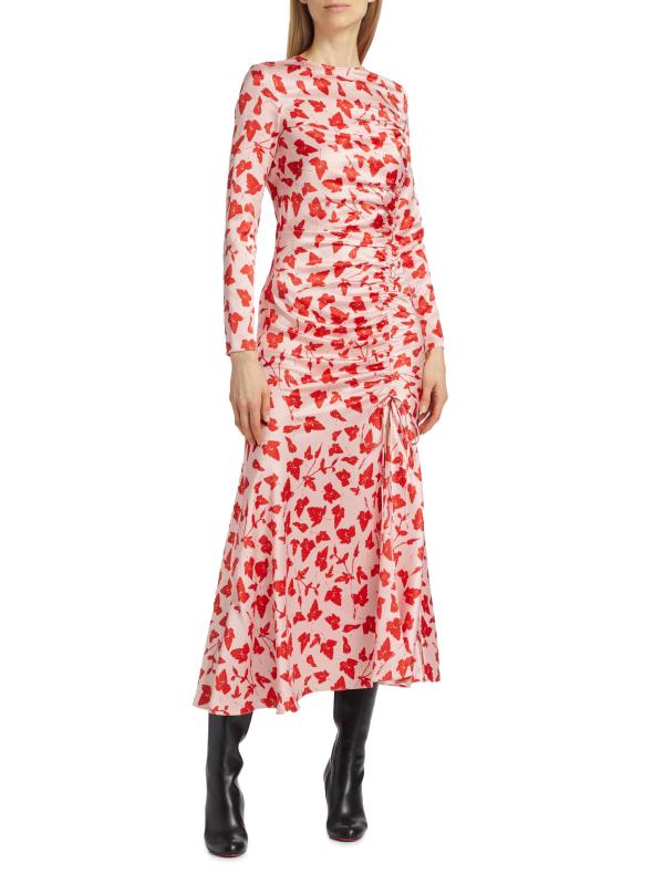 #2: فستان مزين بكشكشة من الحرير على شكل أوراق - طباعة أوراق حمراء وردية