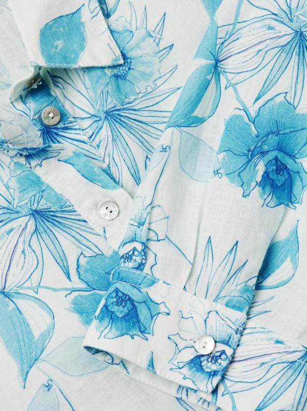#5: قميص من الكتان المزهّر بحزام - قماش مطبوع باللون الأزرق