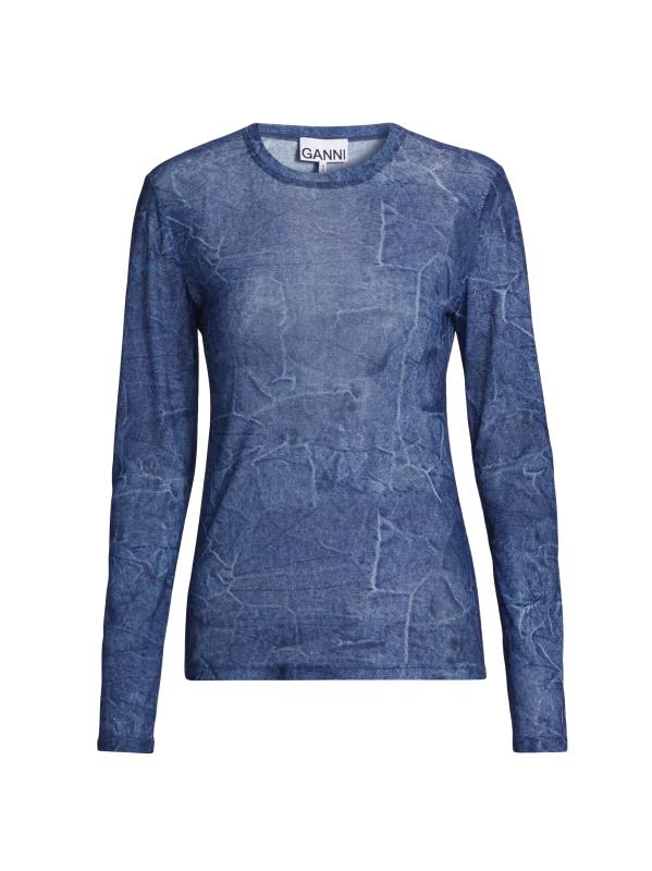 Shop GANNI - Marl Mesh Long-Sleeve Crewneck Blouse | Saks