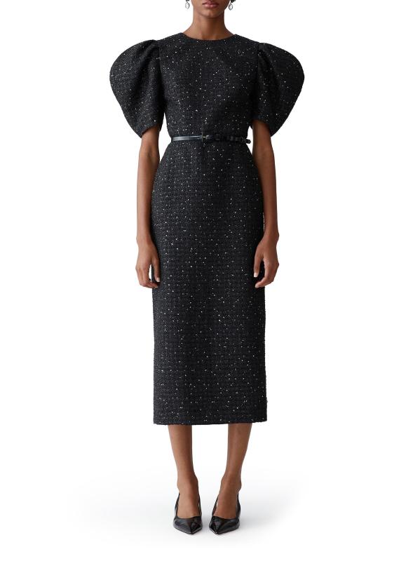 #2: فستان كوكتيل بأكمام منفوخة من التويد مزين بالترتر - أسود