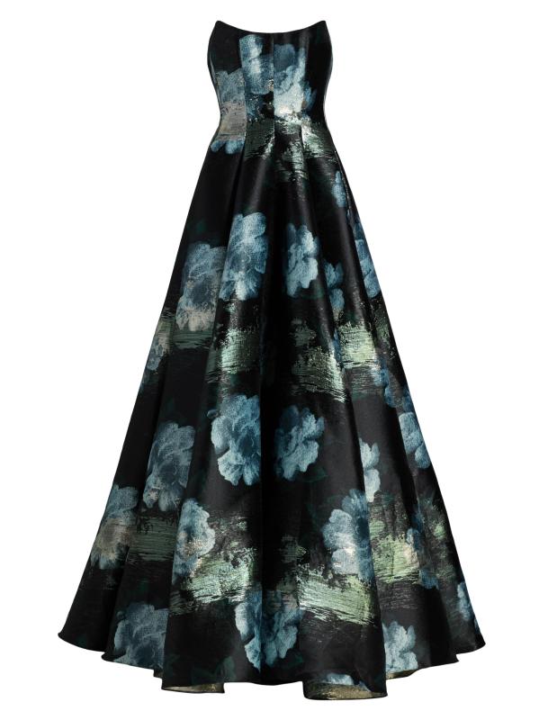 فستان ليلى بنقشة زهور من الديباج المعدني Fit 
Flare بدون حمالات