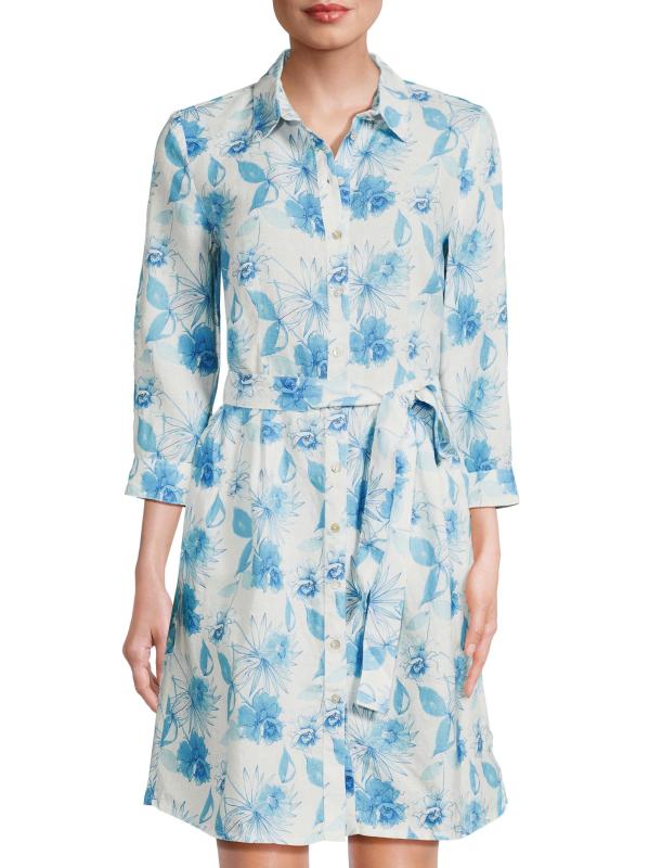 #2: قميص من الكتان المزهّر بحزام - قماش مطبوع باللون الأزرق