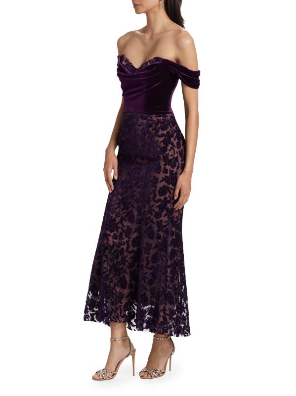 Shop Marchesa Notte Off-the-Shoulder Velvet Lace Cocktail Dress