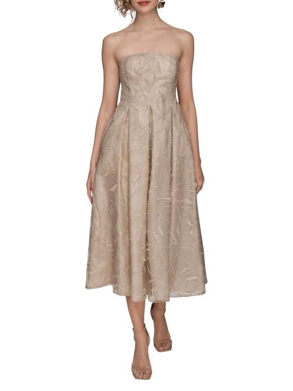 فستان متوسط الطول بدون حمالات مزين بالأزهار