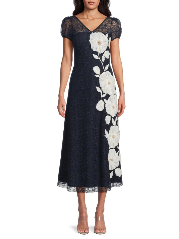 #2: فستان ليلى مطرز بالزهور بطول الشاي - البحرية العميقة