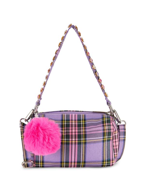 Pom-Pom Charm Plaid Shoulder Bag