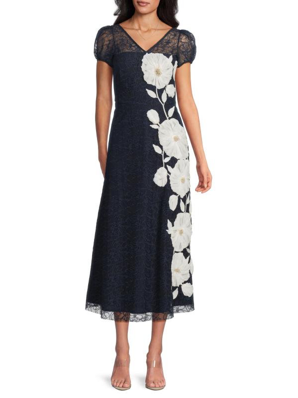 #6: فستان ليلى مطرز بالزهور بطول الشاي - البحرية العميقة