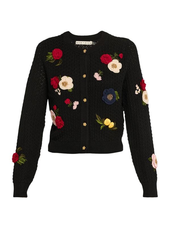 美品　alice + olivia サングラス柄　カーディガン Noella Embellished Collared Cardigan In Black | Alice + Olivia
