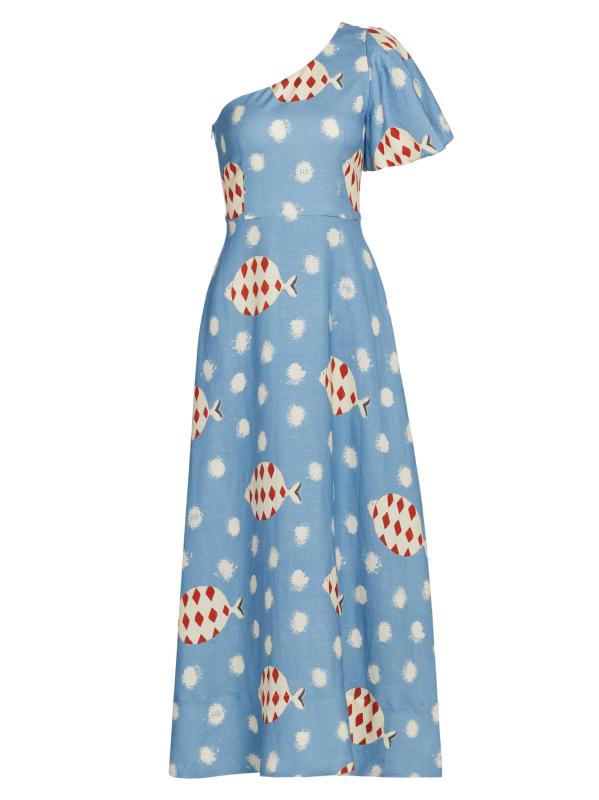 فستان كارمن الطويل من مزيج الكتان بكتف واحد